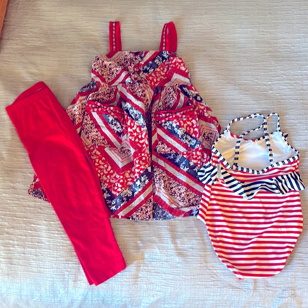 4T Girls Dress, Red pants, Red white blue swimsuit